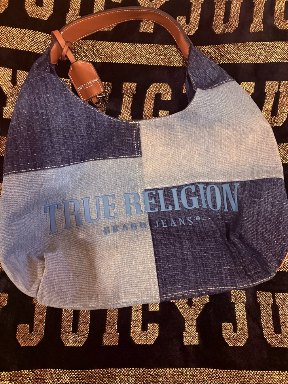True Religion Two-Tone Denim Shoulder Bag — Dark Blue/Light Blue